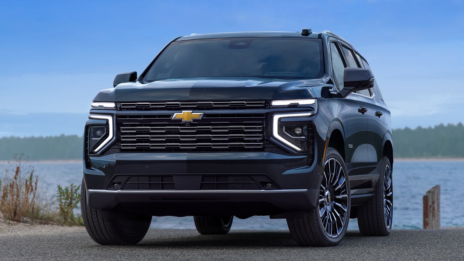 Front View of a 2026 Chevy Tahoe Parked Near a Lake