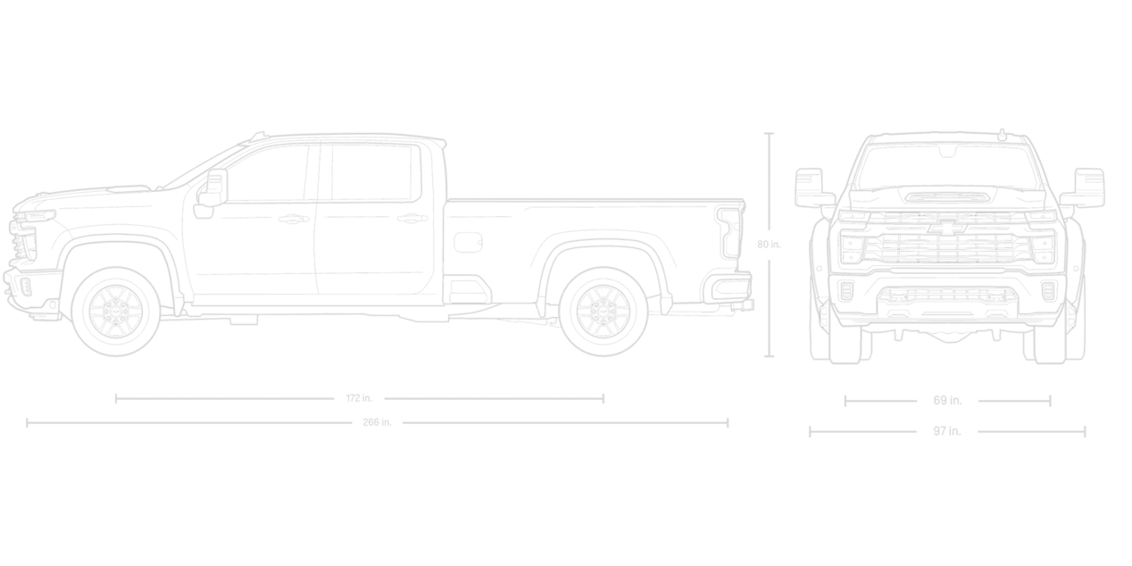 Front and Side View of a Blueprint of a 2026 Chevy Silverado HD Double Long Bed