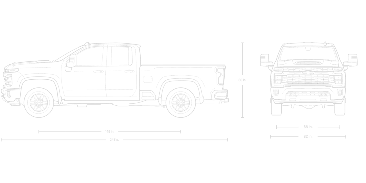 Front and Side View of a Blueprint of a 2026 Chevy Silverado HD Double Cab