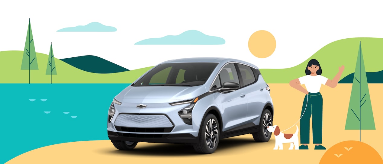 A cartoon-like illustration of a lake, hills, clouds and sun, with a person and a small brown and white dog standing next to a real-life 2022 Bolt EV in the Silver Flare Metallic color.