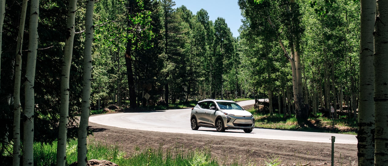 A Chevrolet Bolt EUV drives along a winding road between tall columns of evergreen trees and a blue sky above.