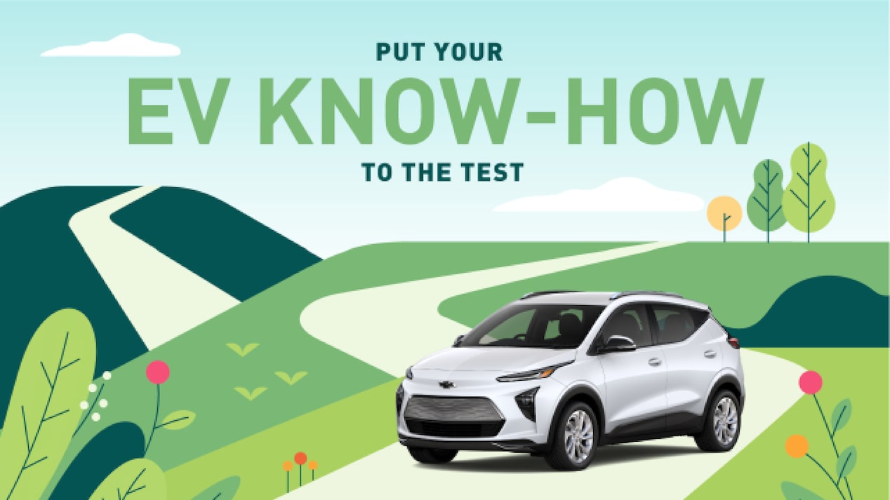 A cartoon-like illustration of a road passing over multiple green hills with trees, sky and clouds in the background. A real-life 2022 Bolt EUV in Summit White sits on the road. The words "Put your EV know-how to the test" appear over the image.