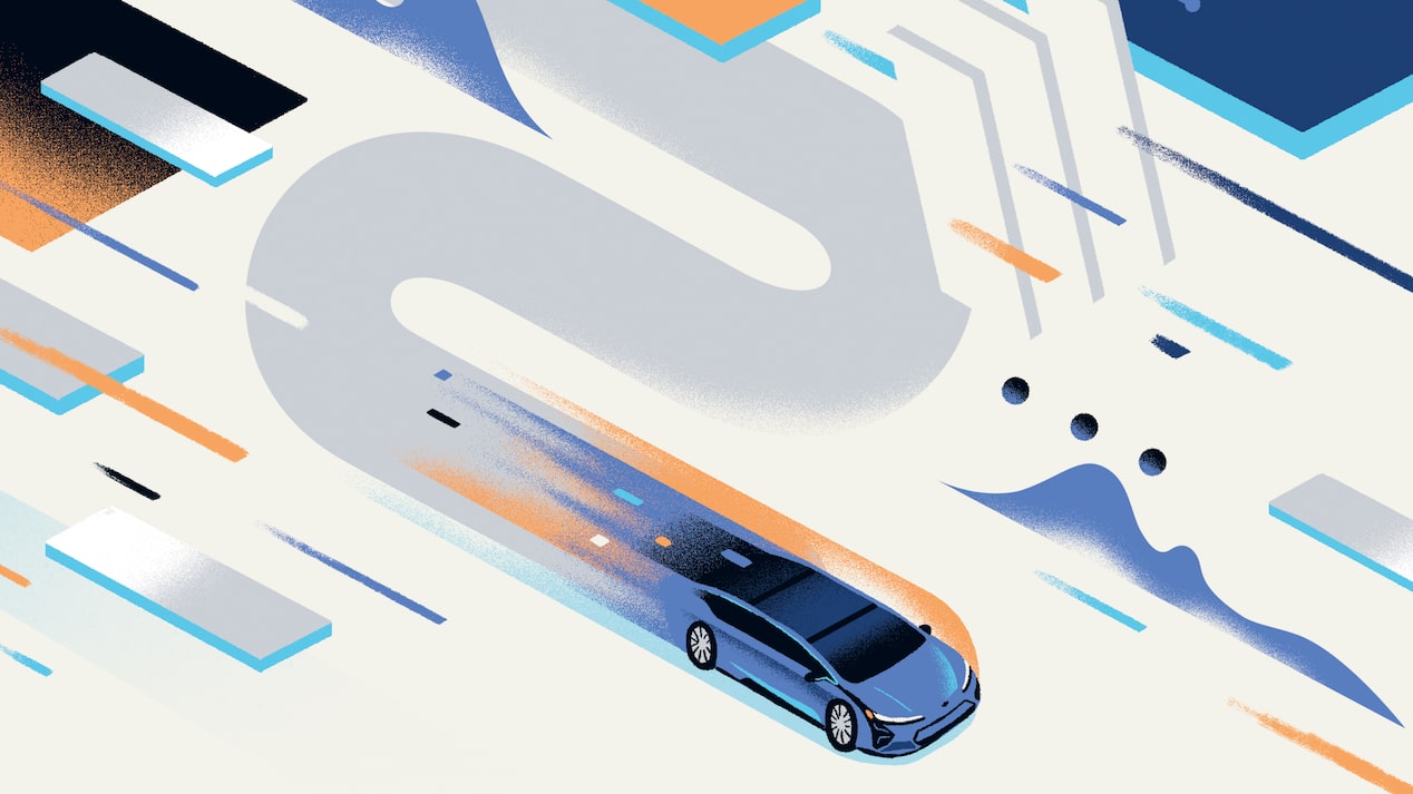 A colorful illustration showing a vehicle on an S-shaped path with other abstract shapes.