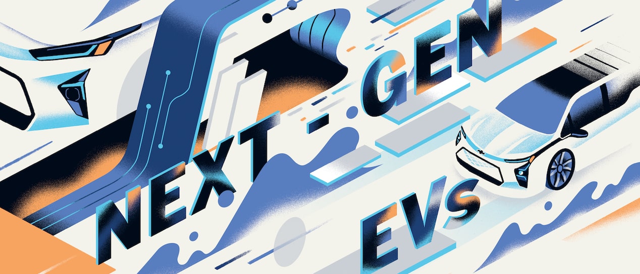 An illustration of an electric vehicle on a futuristic background and the words "Next-Gen EVs."