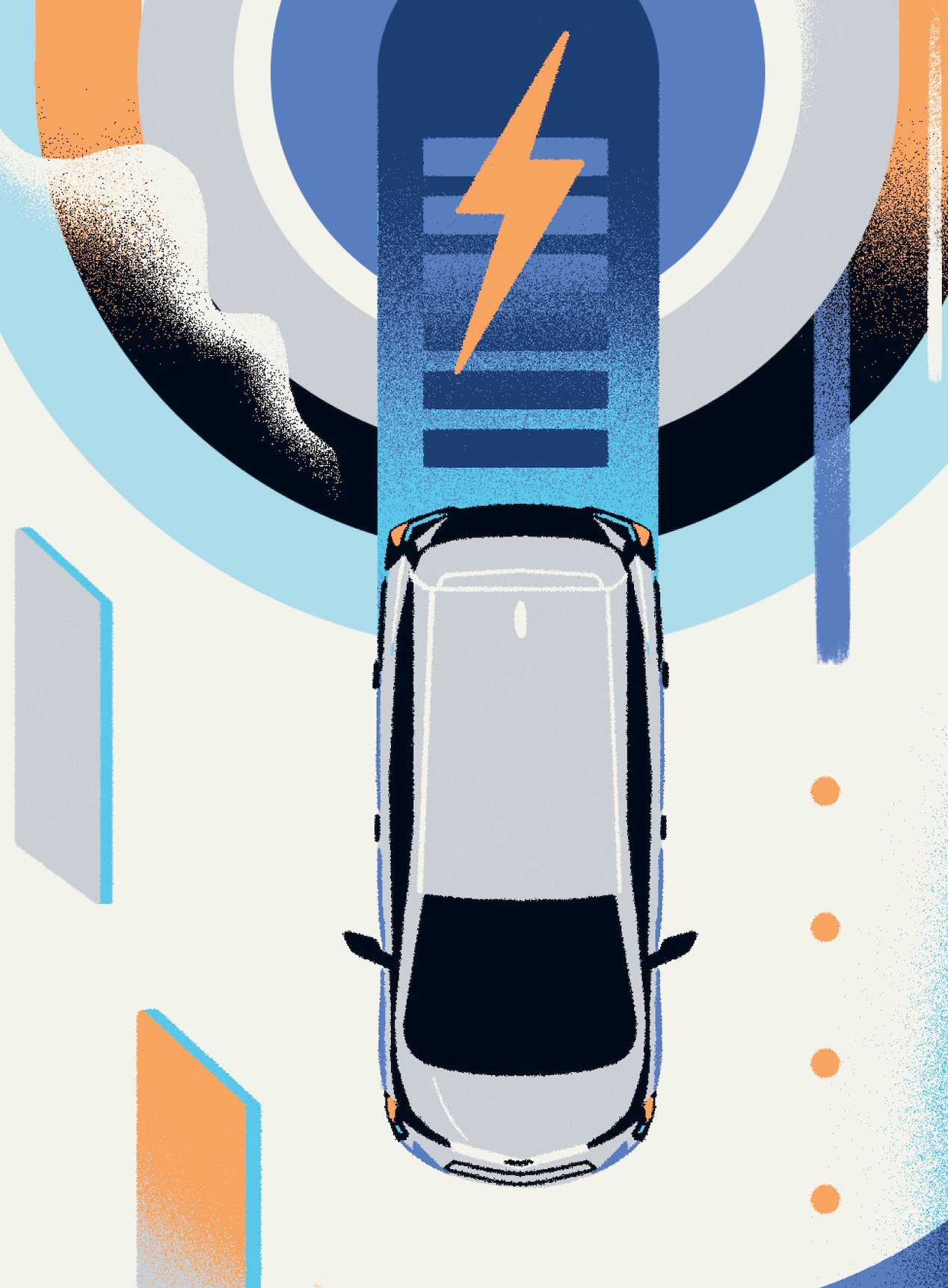 A colorful illustration of a Bolt EUV seen from above with a lightning bolt behind it.