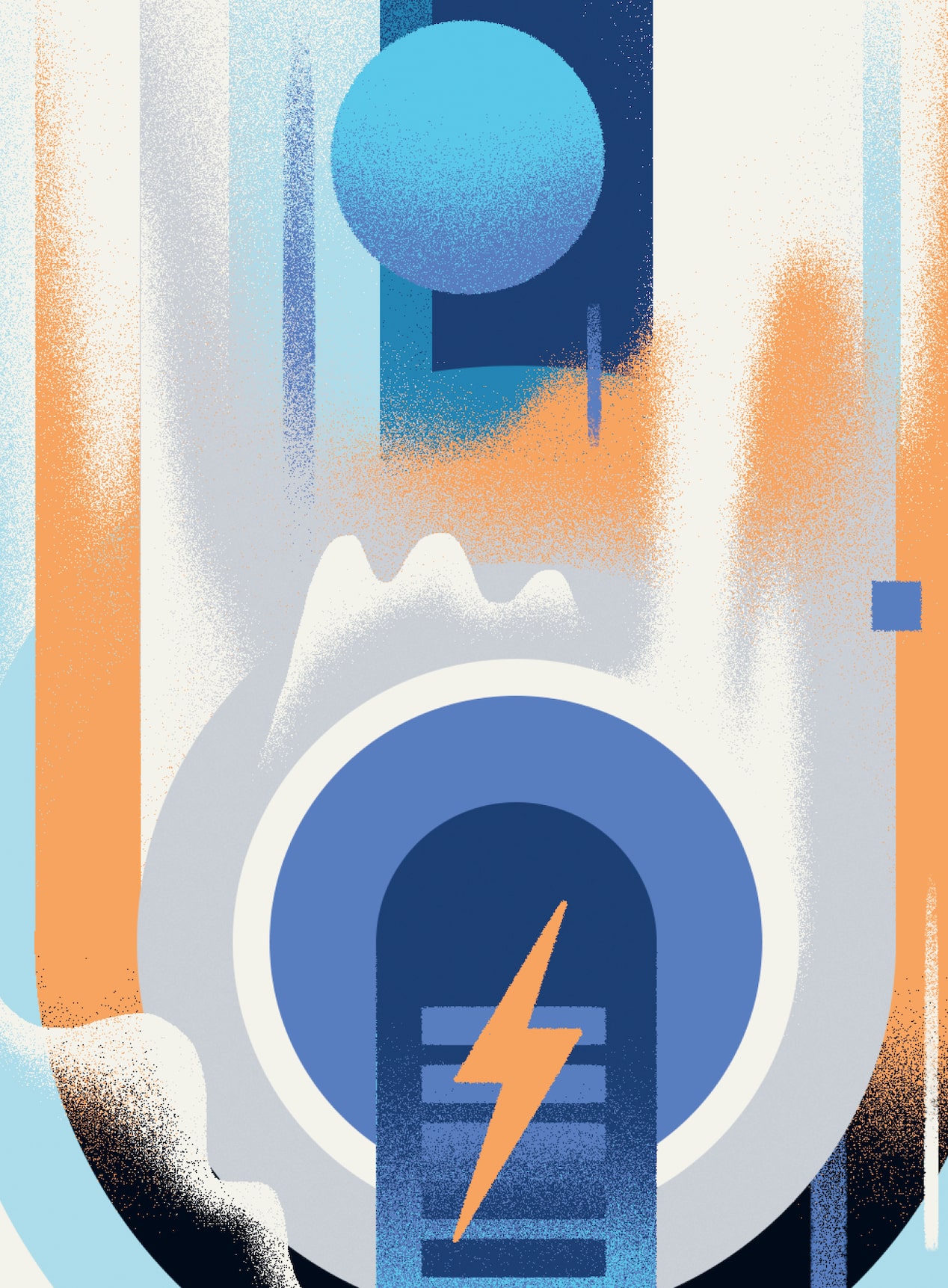 A colorful illustration showing a lightning bolt and other abstract shapes.