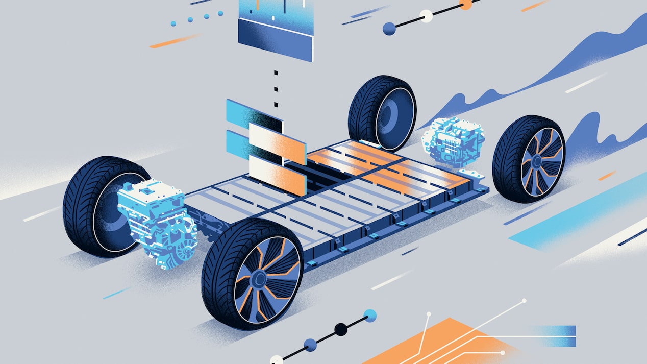 An illustration that shows how the Ultium battery packs would lie in the chassis of a vehicle, with hotspots to click or tap for more information.