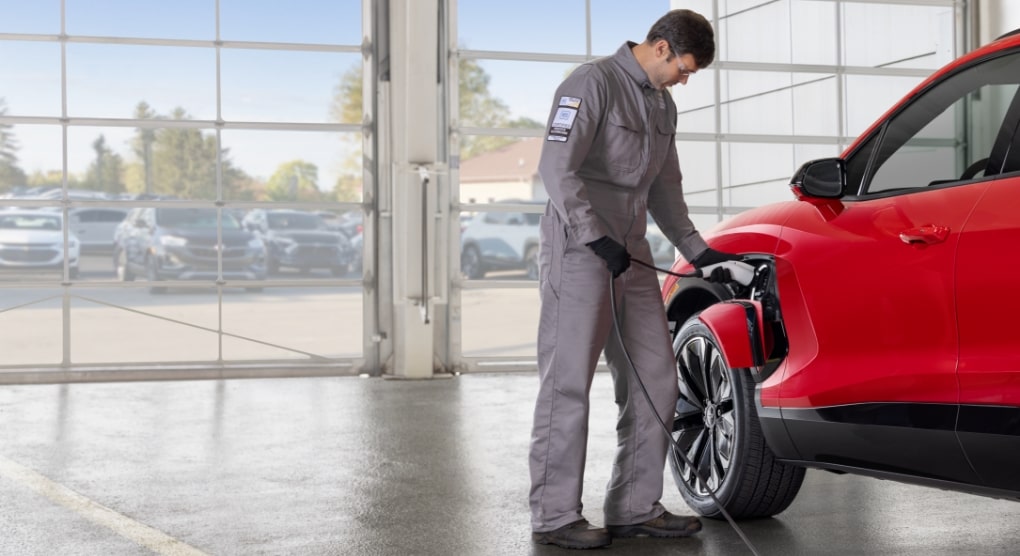 Red Chevrolet EV in for Service