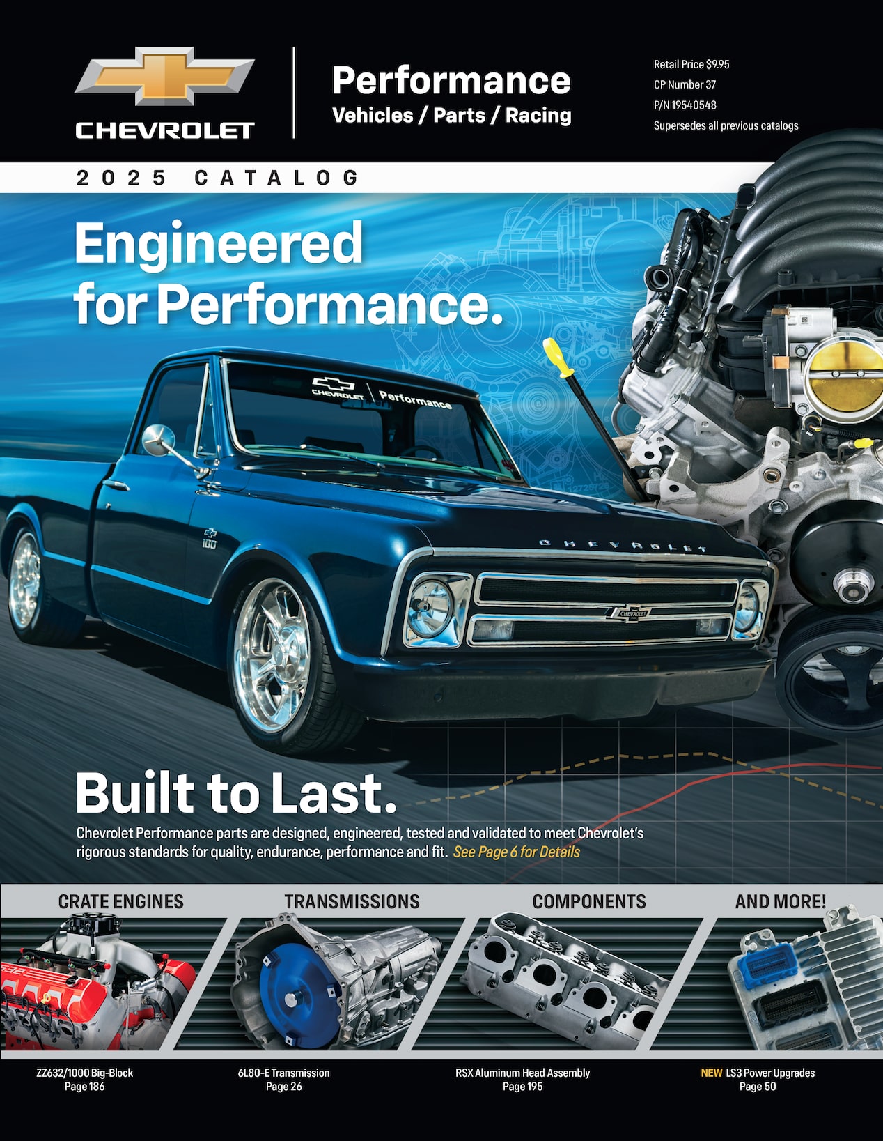 A Chevrolet Performance Parts Catalog Image with a Vintage Blue Chevy Pickup Truck and a Crate Engine Featured