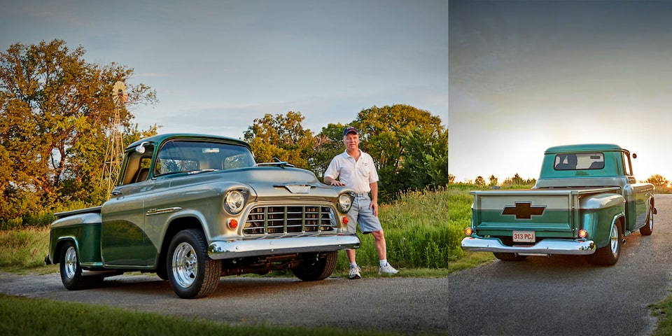 Man Posing Next to His 1950s Chevy Truck on a Country Road and a Rear End View of a 1950s Chevy Truck Parked on a Country Road