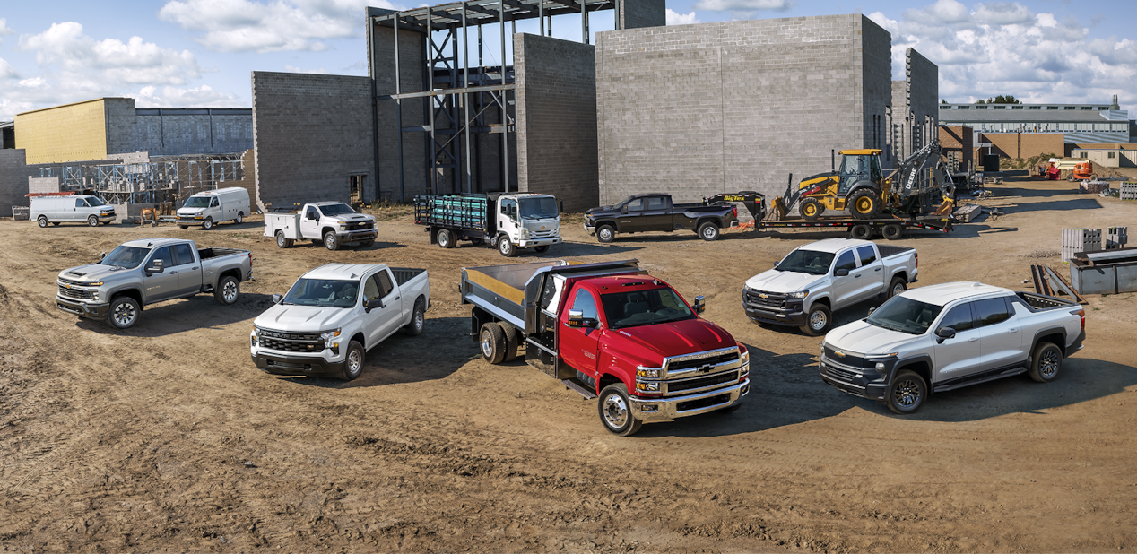 Chevy Fleet Vehicle Lineup Parked on a Construction Site