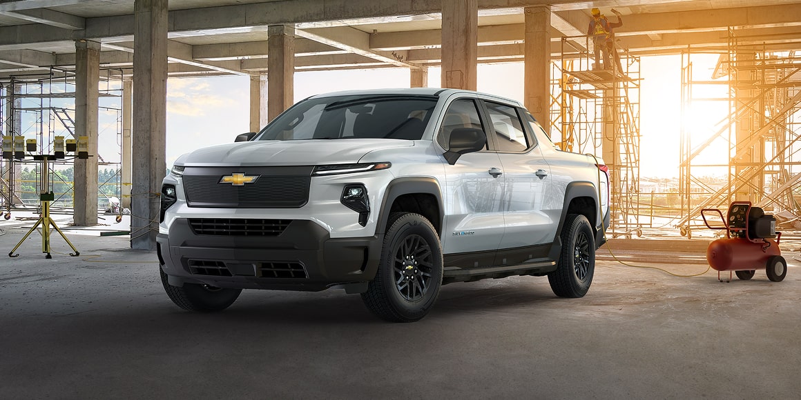 Chevy Silverado EV Parked Under a Building at a Construction Site