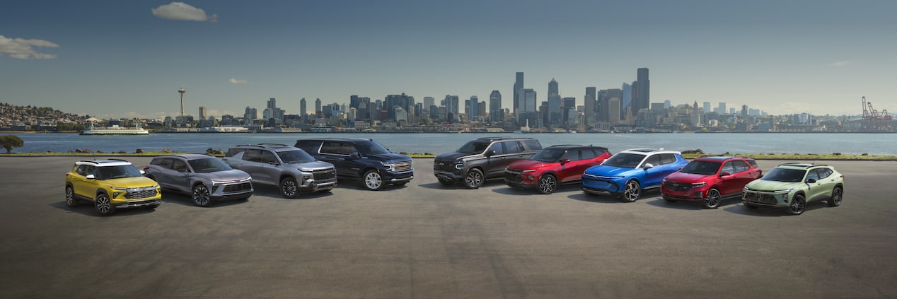 2024 Chevolet Family of SUVs view with city in the background