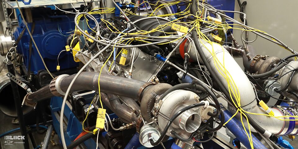 The LS9 on the dyno covered in instrumentation wires.
