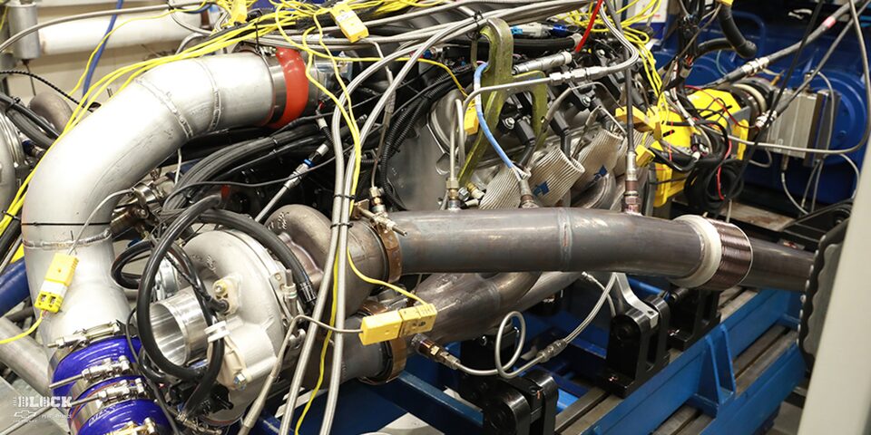 The LS9TT engine running in the dyno cell.